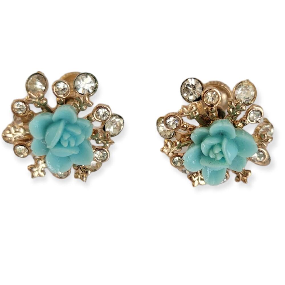 Vintage Earrings Gold Tone Turquoise Rose Rhinestone Accent Mid Century Feminine